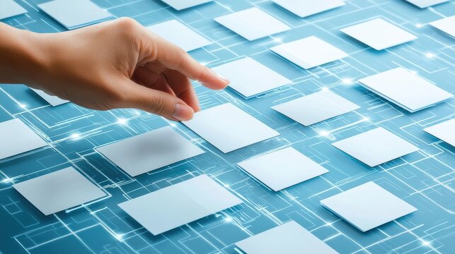 A hand interacts with a digital interface featuring multiple floating squares and circuit-like connections on a blue background, virtual AI hologram