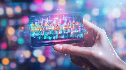 A hand holds a futuristic transparent card displaying colorful digital data and graphs against a vibrant, blurred background, virtual AI hologram