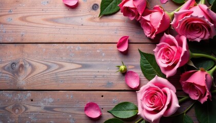 Faded rose tablecloth on aged wooden surface, ample blank space , pastel, rustic