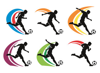 A big collection of  Dynamic Soccer Player Silhouettes in Action Kicking Running and Jumping with the Ball. football players people playing football soccer 