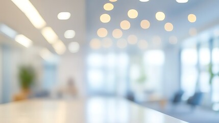 Abstract defocused background of a bright and spacious contemporary office interior with a beautiful bokeh light effect, a concept for modern business