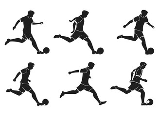 A big collection of  Dynamic Soccer Player Silhouettes in Action Kicking Running and Jumping with the Ball. football players people playing football soccer 