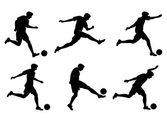 A big collection of  Dynamic Soccer Player Silhouettes in Action Kicking Running and Jumping with the Ball. football players people playing football soccer 