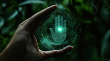 A hand holding a transparent circular interface displaying a glowing digital handprint in green hues against a blurred natural background, virtual AI hologram
