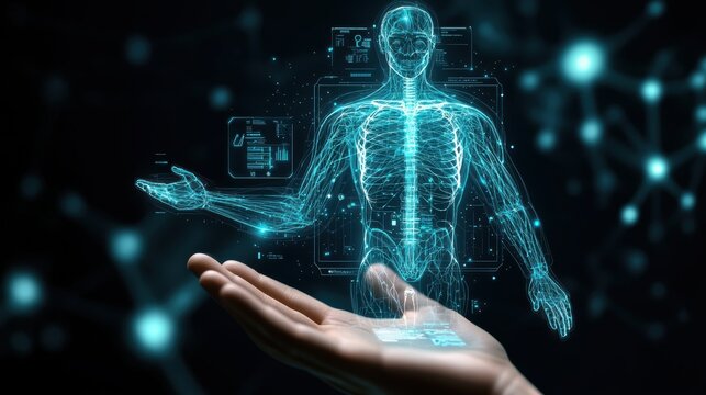 A holographic human skeleton projection emerges above an open hand, symbolizing futuristic medical technology and digital anatomy visualization, virtual AI hologram