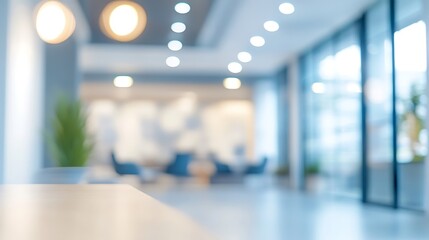 Abstract blurred background of a modern and bright office interior with bokeh lights, featuring a clean workspace environment suitable for copy space