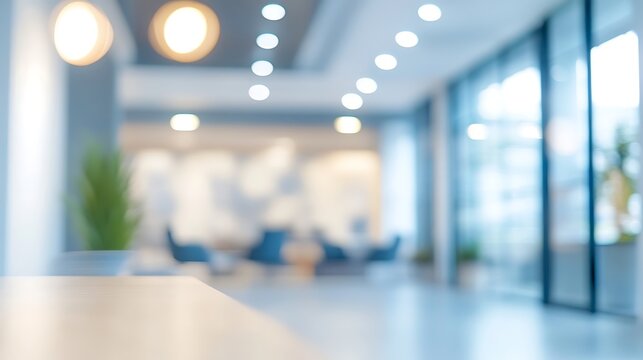 Abstract blurred background of a modern and bright office interior with bokeh lights, featuring a clean workspace environment suitable for copy space