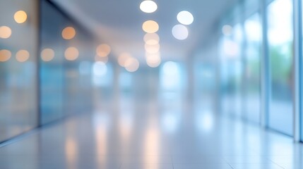 Abstract blurred background of a modern office building corridor with bokeh lights reflecting on the shiny floor