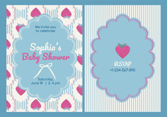 Baby Birthday invitation card with cutestrawberry and ribbon bow on blue stripes background. Vector printable template design for newborn, baby.
