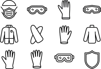 Line art illustration of safety equipment including mask gloves and goggles