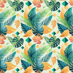 Fototapeta premium seamless vector pattern abstract palm leaves and tropical foliage intertwined with geometric shapes and soft gradients, boho. aesthetic