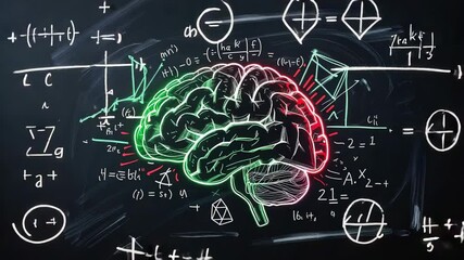 Unfolding neon brain sketch on board, starting with axis marks, adding equations and cube for study - Powered by Adobe