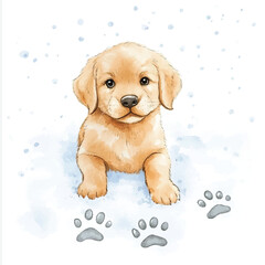 Adorable Golden Retriever Puppy in Watercolor with Paw Prints and Snowflakes