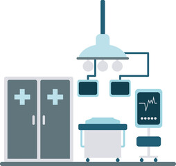 Operating Room Setup: A clean, modern operating room is depicted, featuring essential medical equipment like a surgical lamp, monitors, and a storage cabinet, ready for a procedure. 