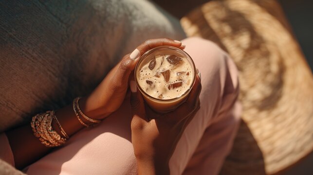 top view of black woman enjoying iced coffee in pastel natural lifestyle scene