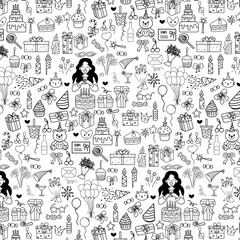 happy birthday party doodle decoration seamless pattern