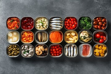 Canned food arranged in lines on a grey background, including sardines and tin cans