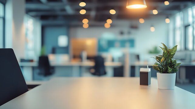 Serene office setting featuring a clean white desk with a small green plant, set against a beautifully blurred modern workspace interior