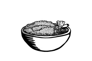 Clean black and white line art illustration of a full rice bowl with toppings. Ideal for minimalist designs, menus, healthy eating concepts, or any project needing a classic, hand-drawn food icon.