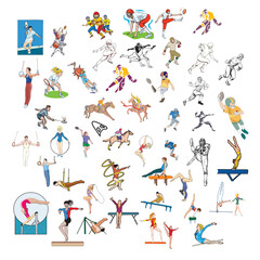 Vector collection of people in the gym. Characters doing exercises with sports equipments