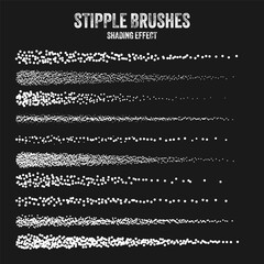 Obraz premium Ink scatter brush, stipple drawing and texturing. Fading gradient. Stippling, dotwork drawing, shading using dots. Halftone disintegration effect. White noise grainy texture. Vector illustration