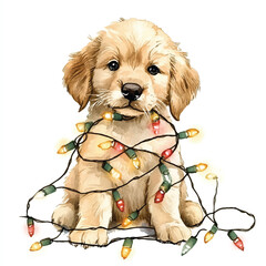 Adorable Golden Retriever Puppy Wrapped in Festive Christmas Lights