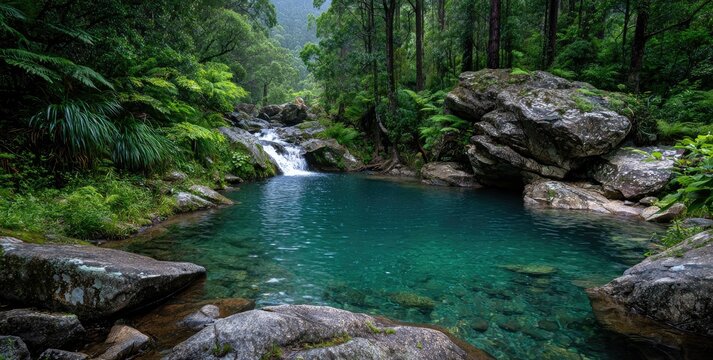 a blue pool in the middle, surrounded by lush greenery and a dense jungle with waterfalls and small streams flowing into it. - Powered by Adobe