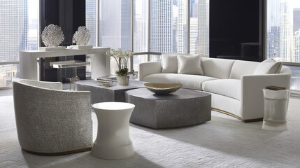 Modern lounge with sleek furniture and neutral tones, embodying minimalist elegance and contemporary comfort.