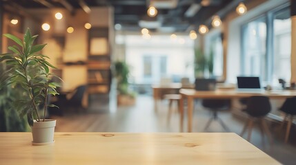 Empty wooden tabletop with a small potted plant in the foreground, set against a blurred background of a modern co-working office space