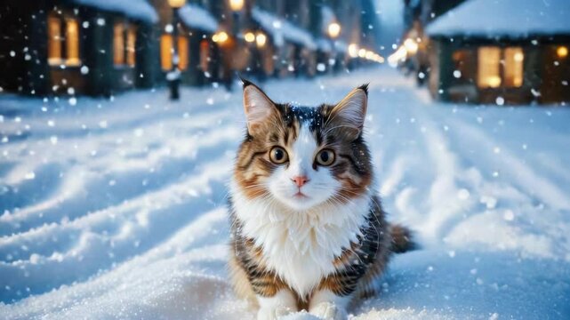 A cat sits in the snow outside, perhaps enjoying the winter weather