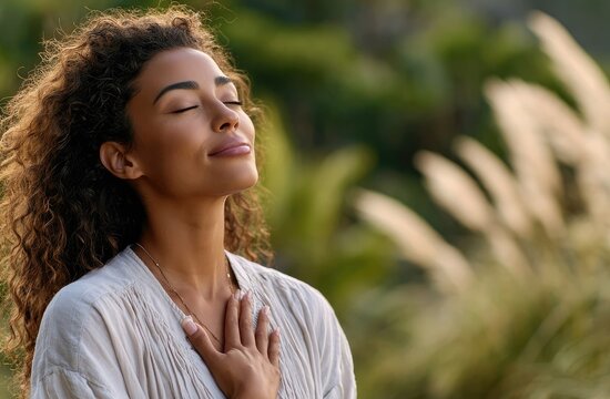 A woman standing outdoors with her eyes closed, taking deep breaths and opening her chest to release her hand on her heart in a zen meditation for emotional well-being