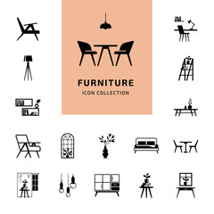 Minimal Furniture Icon Set. Black Silhouette Vector