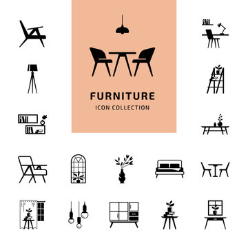 Minimal Furniture Icon Set. Black Silhouette Vector