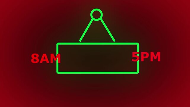 text 8am to 5pm Showcasing Business Hours from 8AM to 5PM with Modern Outline Shape on red and black background.