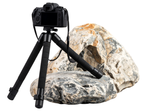 Compact Mirrorless Camera on Portable Tripod with Flexible Legs, isolated on transparent background.