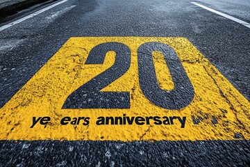Bright yellow text "20 years anniversary", written on the asphalt, with the numbers in black letters