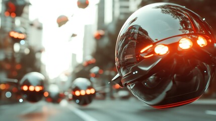 A striking futuristic cityscape featuring sleek black drones effortlessly navigating a busy urban environment, showcasing advanced technology and innovation.