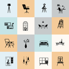 Furniture Icon Set with Minimal Color Grid