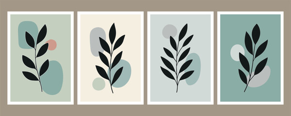 Minimal Botanical Wall Art Vector Set – Boho Leaf Line Art with Abstract Earth Tone Shapes for Modern Interior Decor