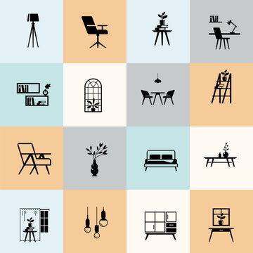 Furniture Icon Set with Minimal Color Grid