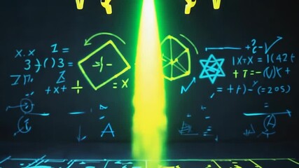 Activating energy core, quadcopter drone emitting green beam over grid floor, with neon symbols - Powered by Adobe