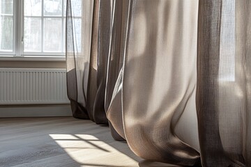 Close-up, detailed photograph of a window with sheer curtains. Warm sunlight is streaming through,