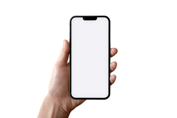 Woman holding mobile phone in hand, Blank phone screen, ready for use, isolated on white background