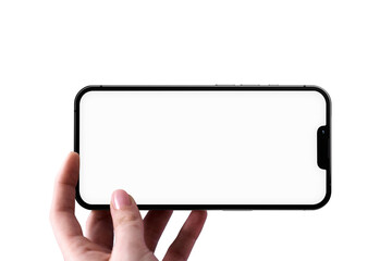 Woman holding mobile phone in hand, Blank phone screen, ready for use, isolated on white background