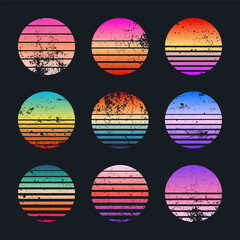 Grunge vintage colorful sunset. Striped gradient sunrise badges in 80s and 90s style. Sun and ocean view, summer vibes, surfing. Design element for print, logo or t-shirt. Vector illustration