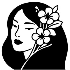 Black and white illustration of a woman with flowers in her hair, vector art