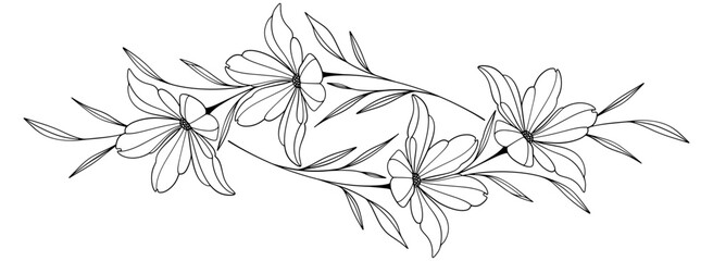 flower and leaves drawing. Vector hand drawn engraved floral card. Botanical, branch and flower Black ink sketch. Great for tattoo, invitations, greeting cards, decor