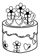 The cake is adorned with delightful decorations including three flowers and three heart shapes, some seemingly emerging from the top.