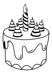 a black and white outline drawing of a birthday cake, complete with a striped candle and decorative elements on top.