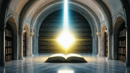 Descending blue beam onto open book in vaulted library, forming pulsing golden diamond - Powered by Adobe